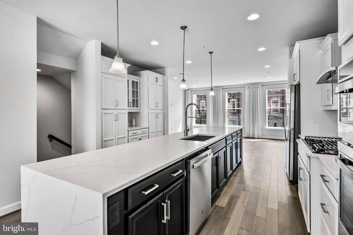 Interior, Kitchen, Pendant Lights, Recessed Lighting, Stainless Steel Appliances, Wood Texture Flooring