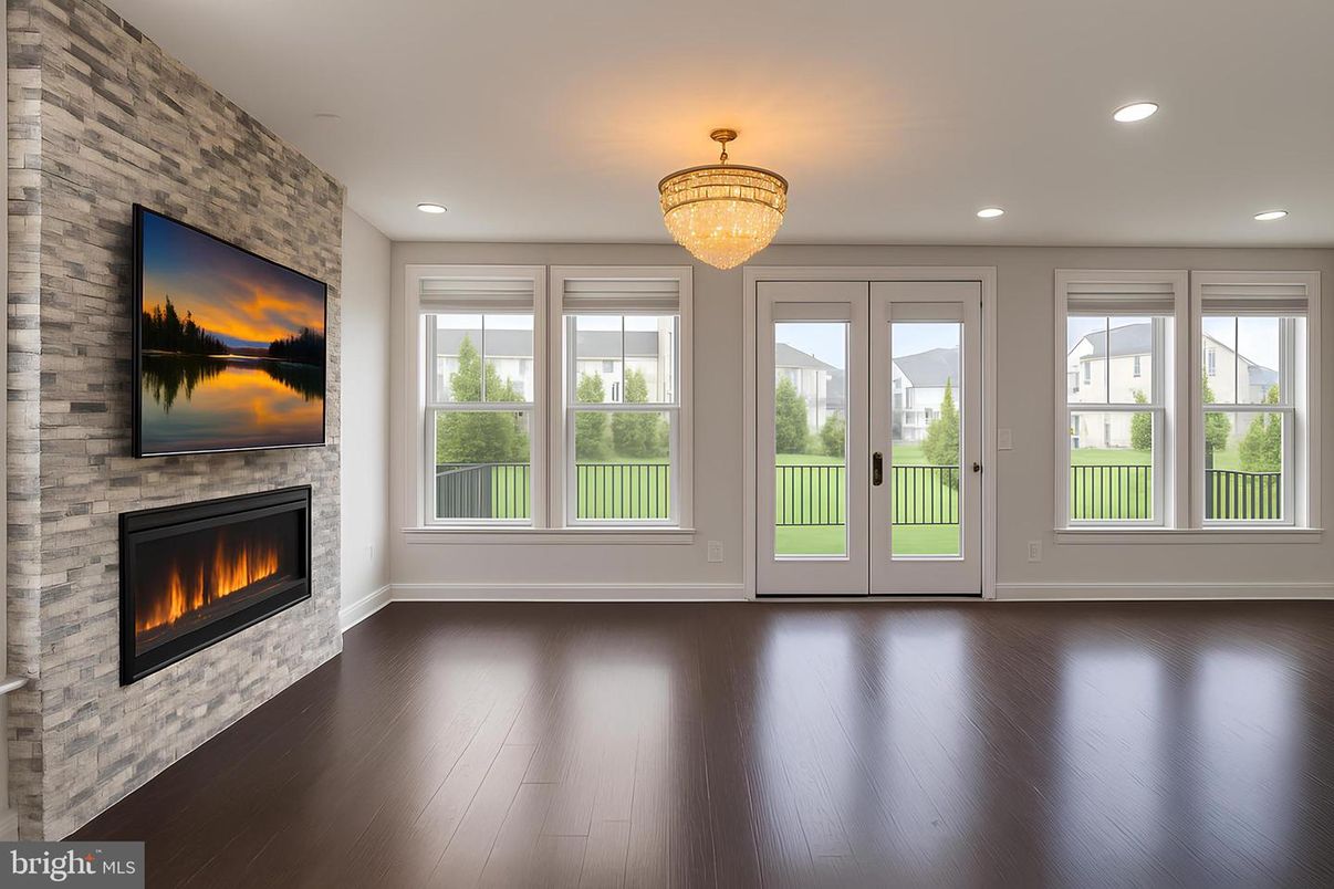 Chandelier, Empty room, Fireplace, Interior, Recessed Lighting, Wood Texture Flooring