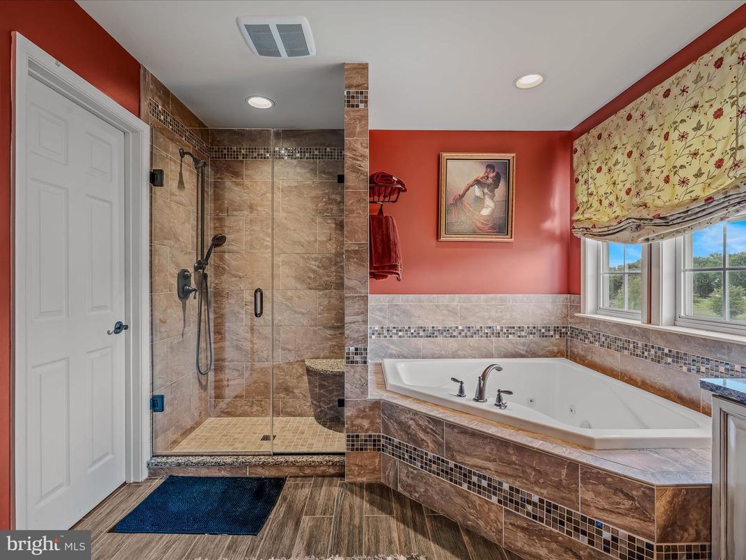 Bathroom, Glass Shower, Interior, Recessed Lighting, Wood Texture Flooring