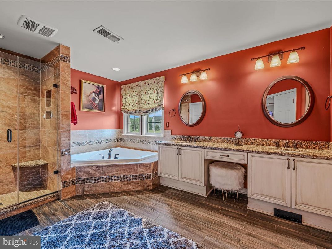 Bathroom, Dual Sink Vanities, Glass Shower, Interior, Recessed Lighting, Wood Texture Flooring