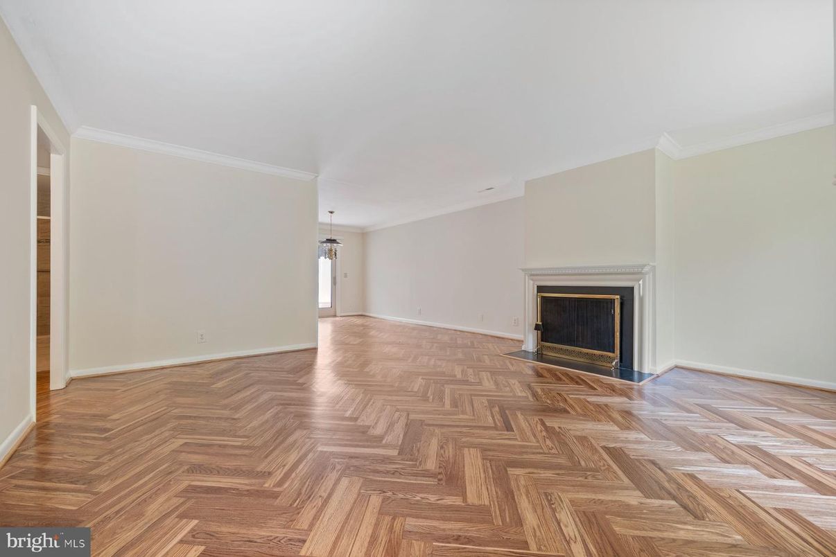 Empty room, Fireplace, Interior, Pendant Lights, Wood Texture Flooring