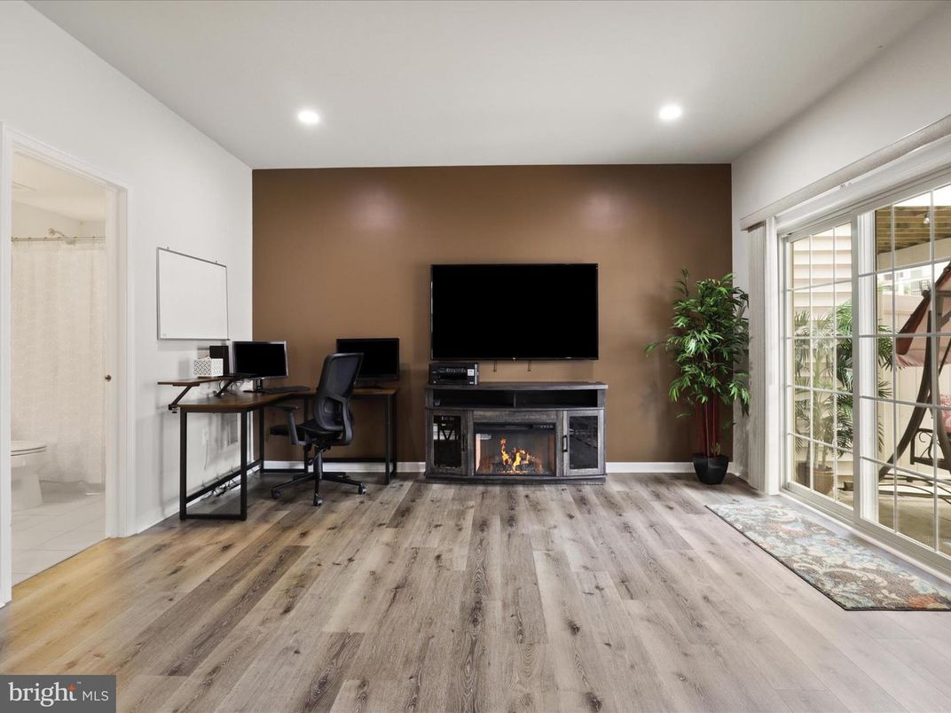 Fireplace, Home Office, Interior, Recessed Lighting, Wood Texture Flooring