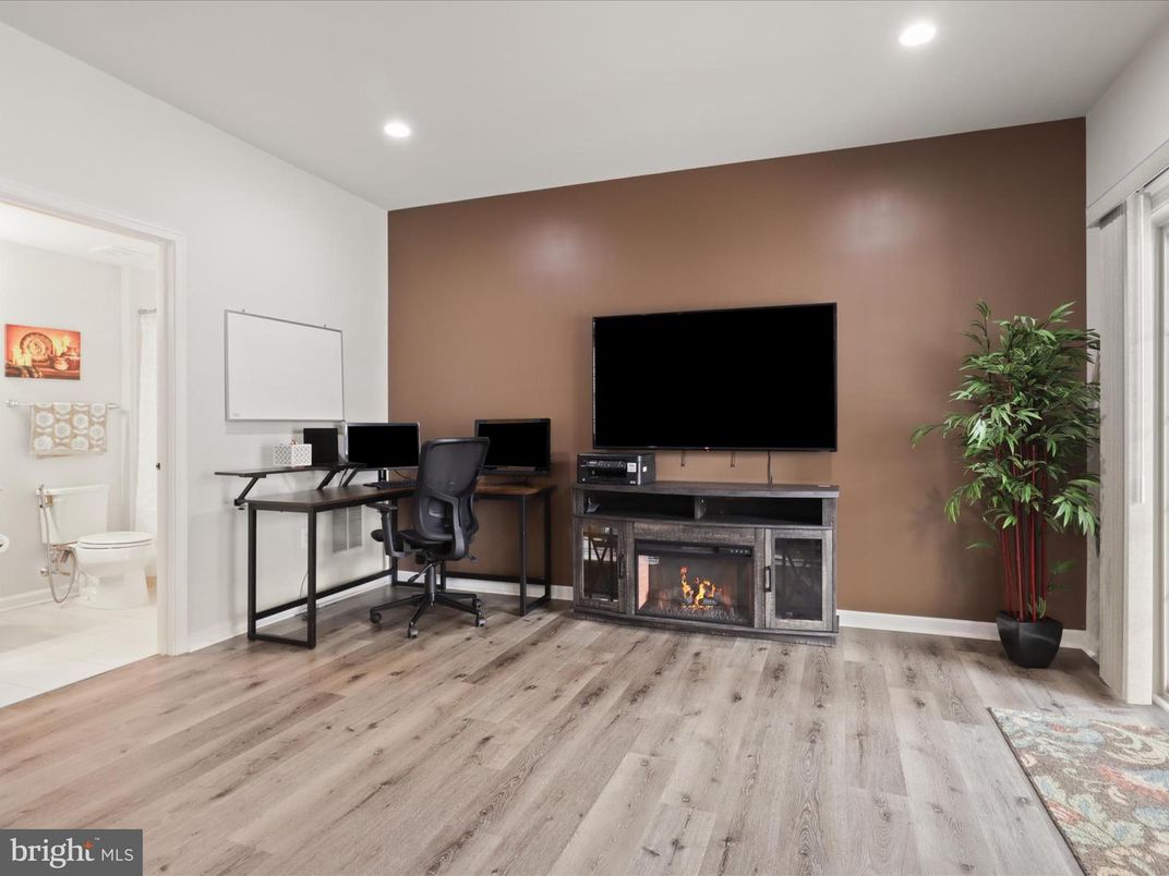 Fireplace, Home Office, Interior, Recessed Lighting, Wood Texture Flooring