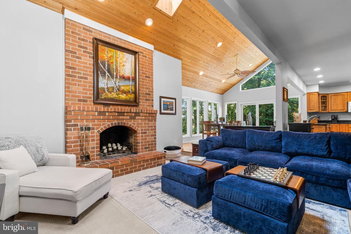 Fireplace, Interior, Kitchen, Living room, Recessed Lighting, Stone Walls, Wooden Ceilings