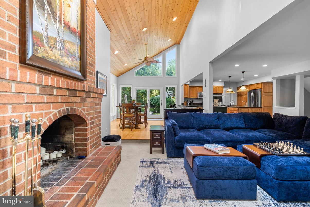 Dining room, Fireplace, Interior, Kitchen, Living room, Pendant Lights, Recessed Lighting, Stone Walls, Wooden Ceilings