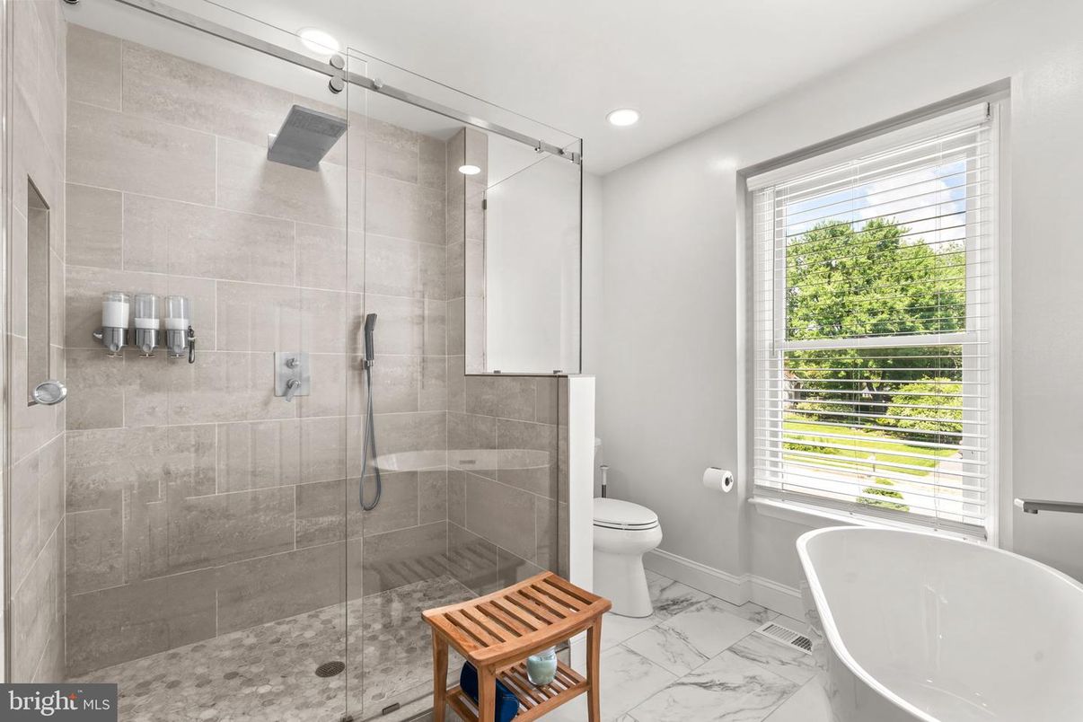 Bathroom, Free Standing Baths, Glass Shower, Interior, Marble, Recessed Lighting