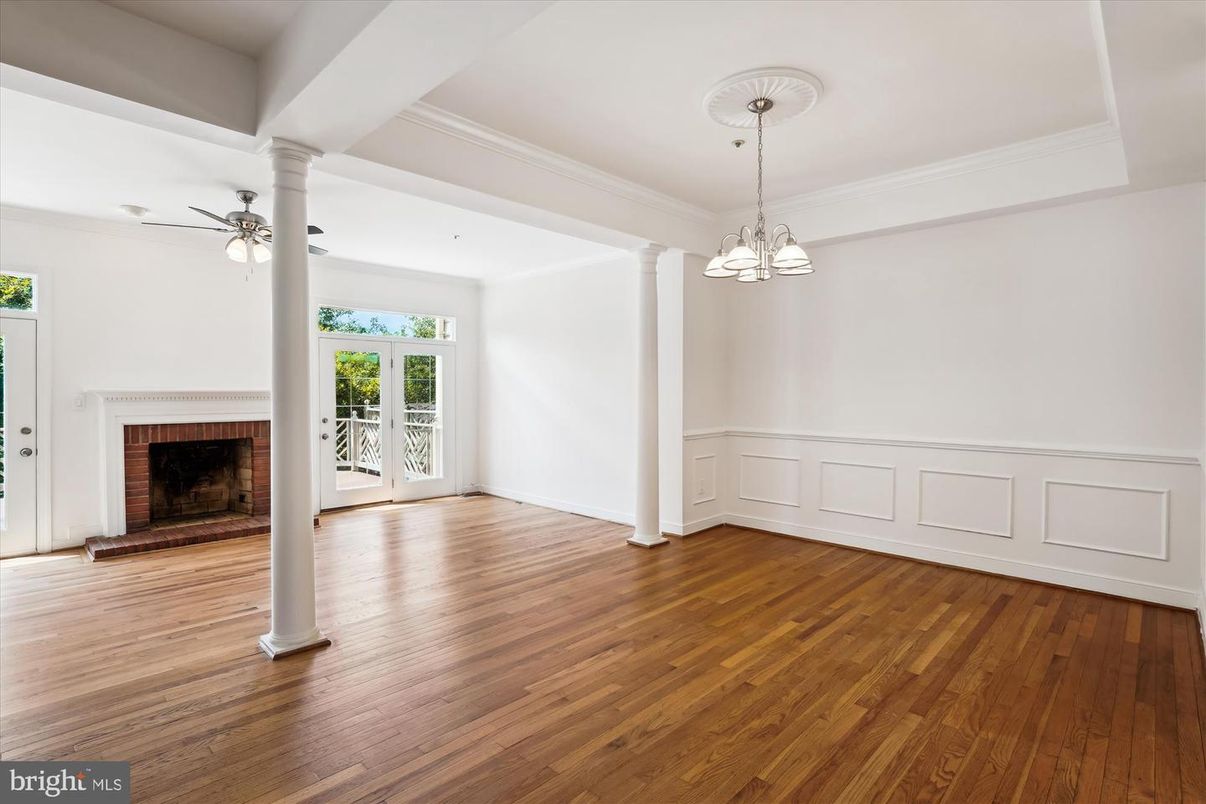 Chandelier, Empty room, Fireplace, Interior, Pendant Lights, Wood Texture Flooring