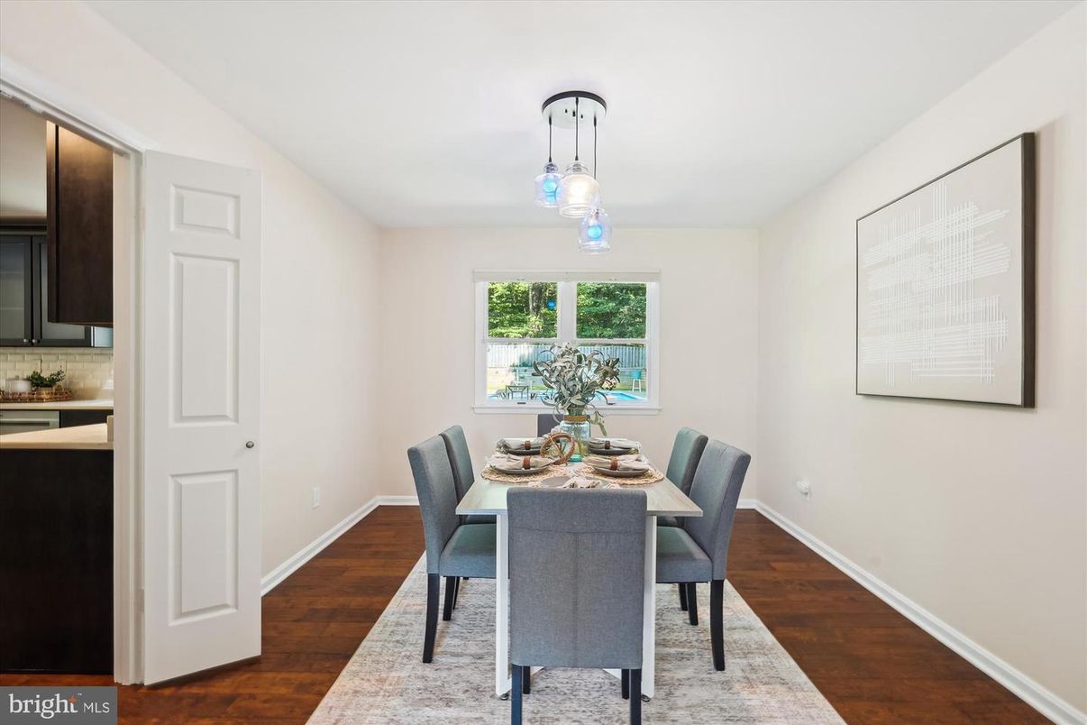 Dining room, Interior, Pendant Lights, Wood Texture Flooring
