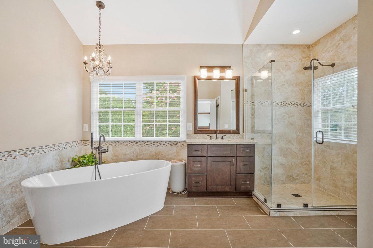 Bathroom, Chandelier, Free Standing Baths, Glass Shower, Interior, Recessed Lighting