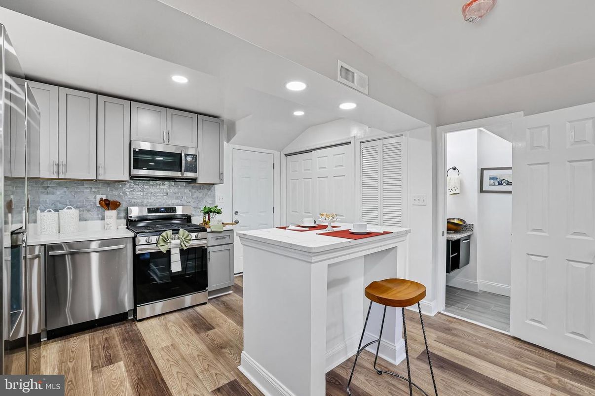 Interior, Kitchen, Recessed Lighting, Stainless Steel Appliances, Wood Texture Flooring