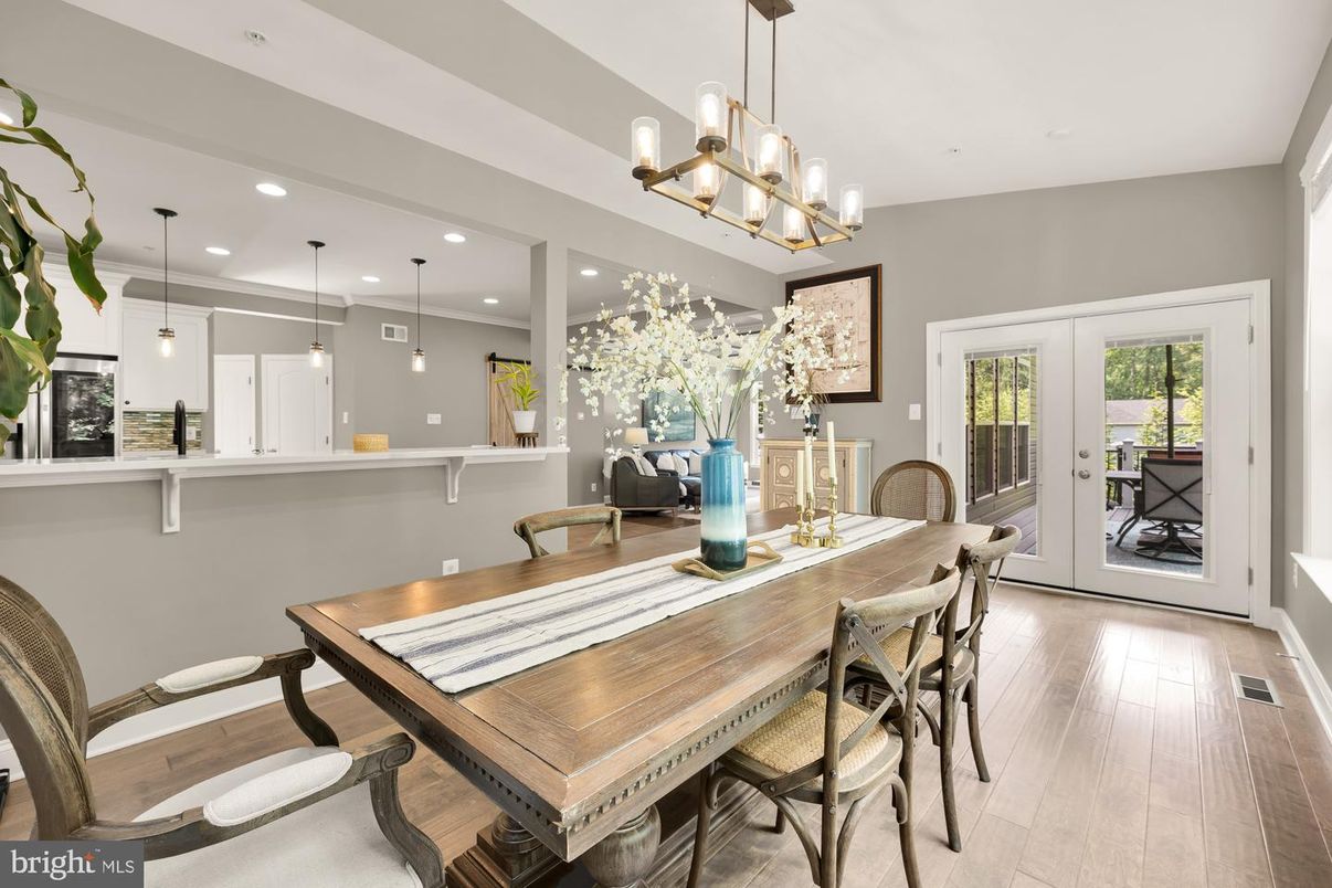 Dining room, Interior, Pendant Lights, Recessed Lighting, Wood Texture Flooring