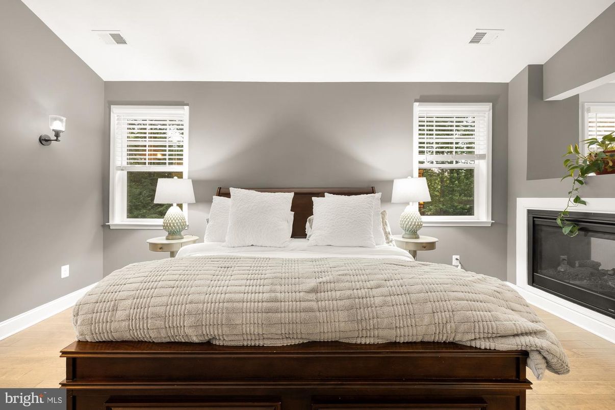 Bedroom, Fireplace, Interior, Wood Texture Flooring