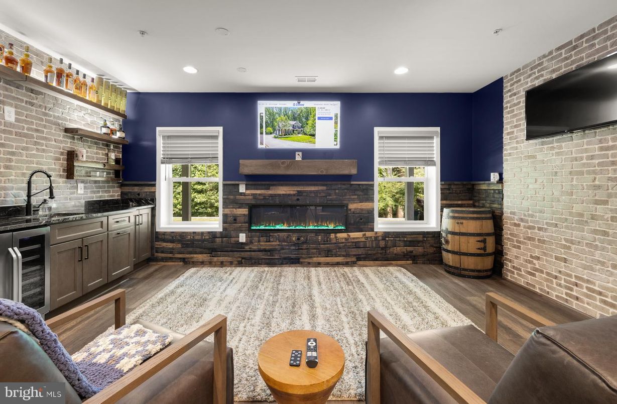 Fireplace, Interior, Recessed Lighting, Stone Walls, Wood Texture Flooring