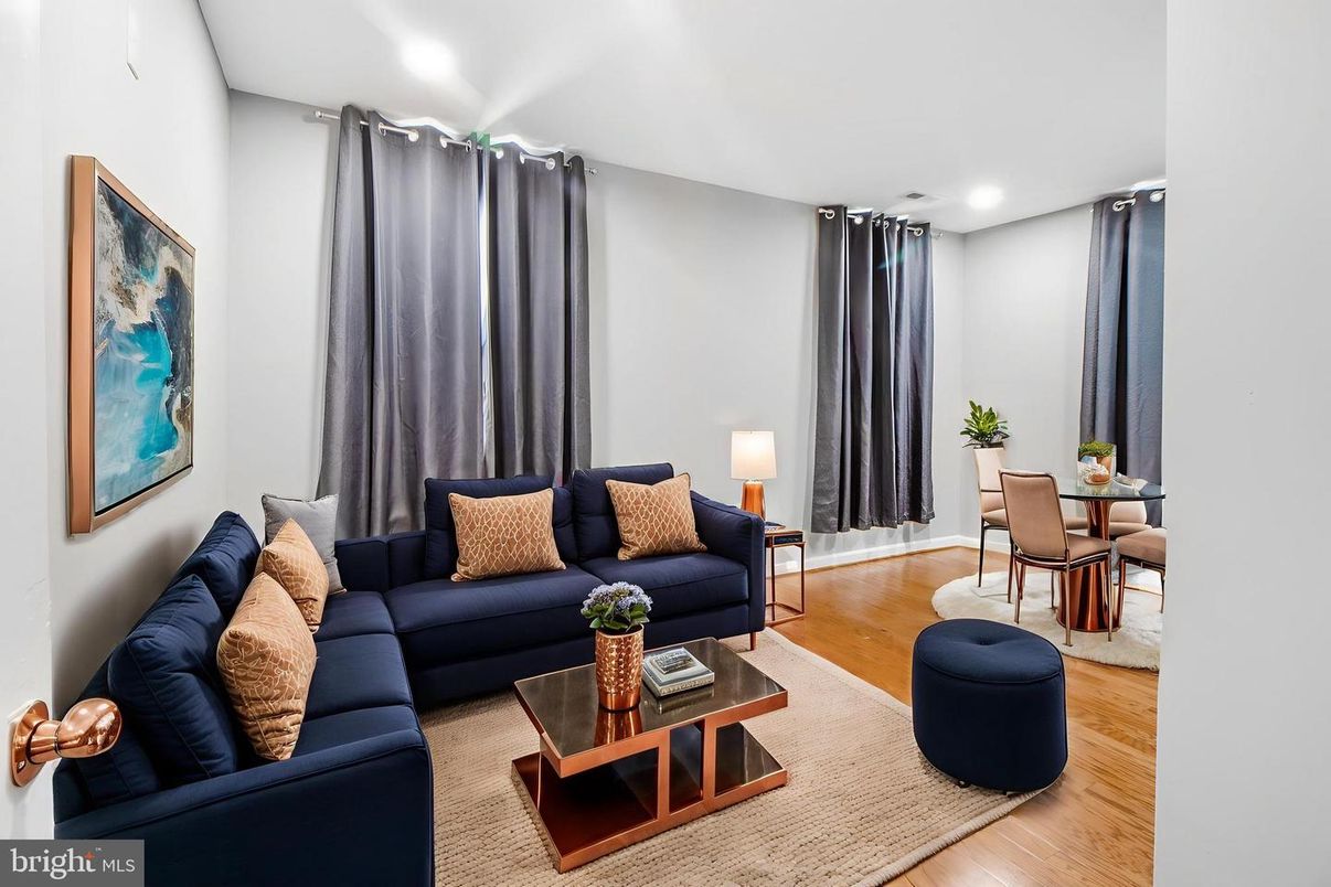 Dining room, Interior, Living room, Recessed Lighting, Wood Texture Flooring