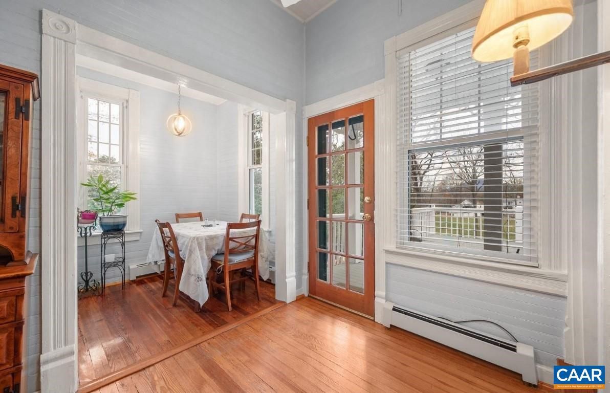 Dining room, Interior, Pendant Lights, Wood Texture Flooring