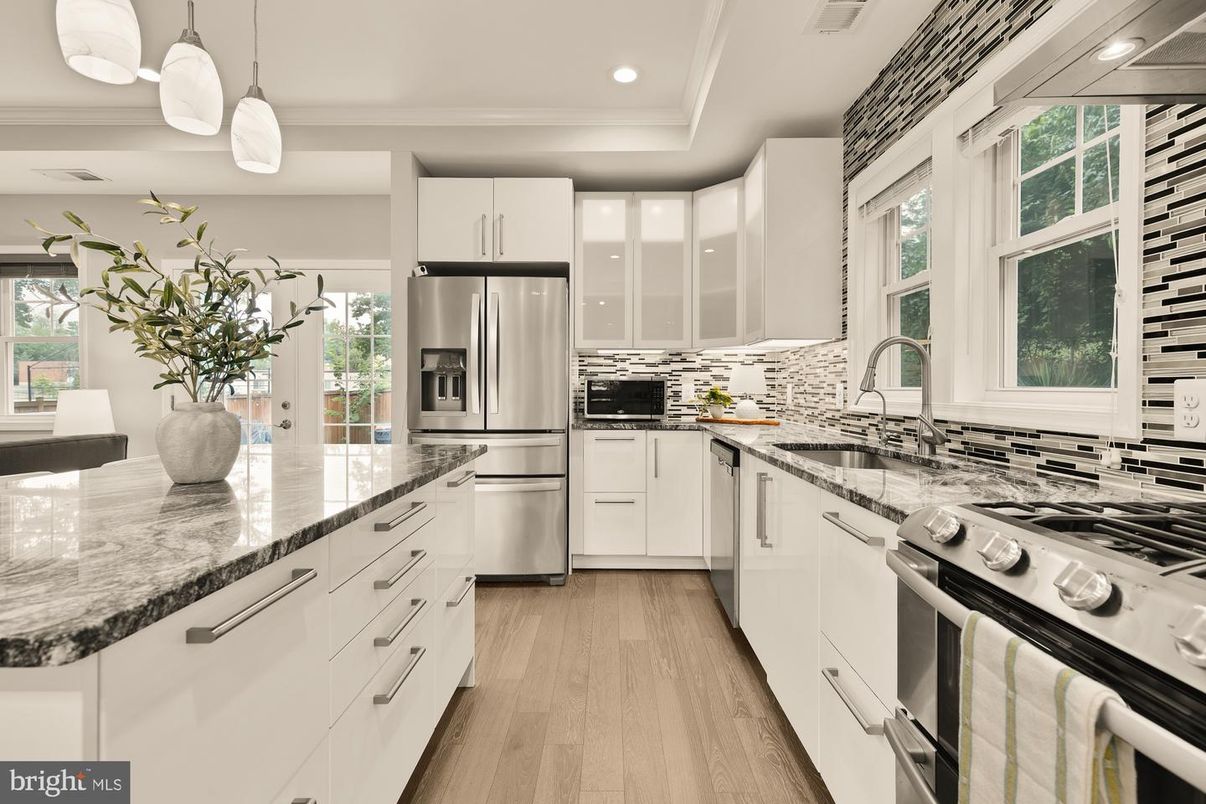 Interior, Kitchen, Pendant Lights, Recessed Lighting, Stainless Steel Appliances, Wood Texture Flooring