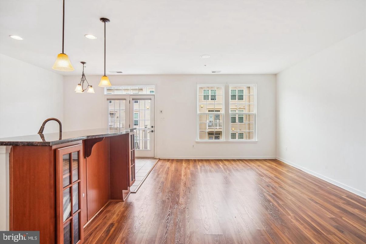 Empty room, Interior, Kitchen, Pendant Lights, Recessed Lighting, Wood Texture Flooring