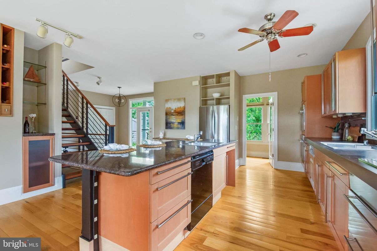 Chandelier, Interior, Kitchen, Recessed Lighting, Stainless Steel Appliances, Wood Texture Flooring