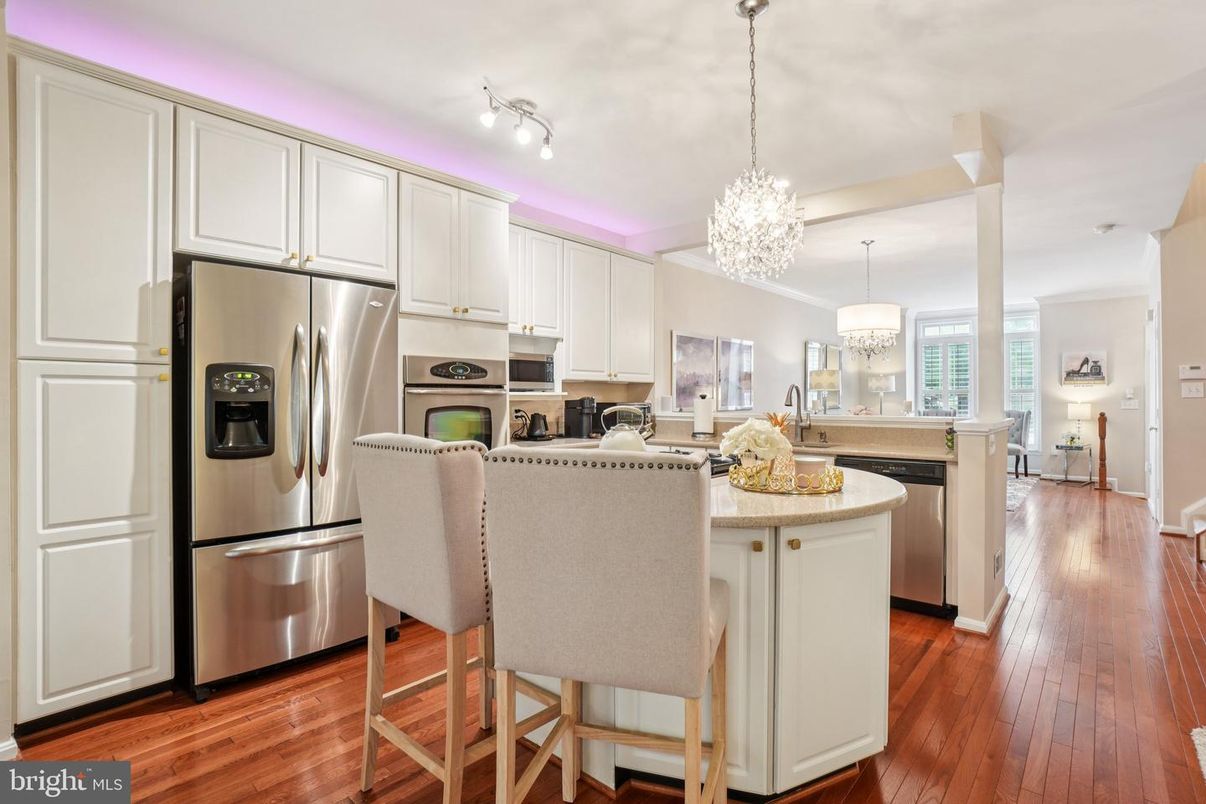 Chandelier, Interior, Kitchen, Pendant Lights, Stainless Steel Appliances, Wood Texture Flooring