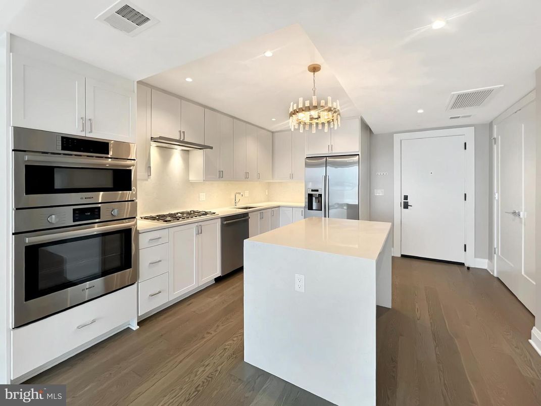 Chandelier, Interior, Kitchen, Pendant Lights, Recessed Lighting, Stainless Steel Appliances, Wood Texture Flooring