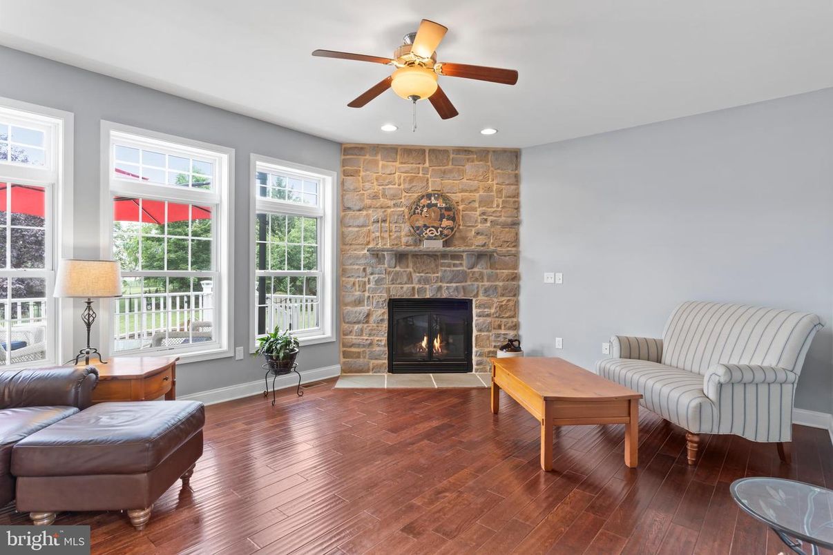 Fireplace, Interior, Recessed Lighting, Stone Walls, Wood Texture Flooring