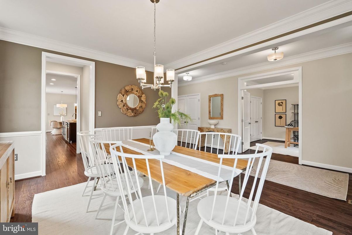 Dining room, Interior, Pendant Lights, Recessed Lighting, Wood Texture Flooring