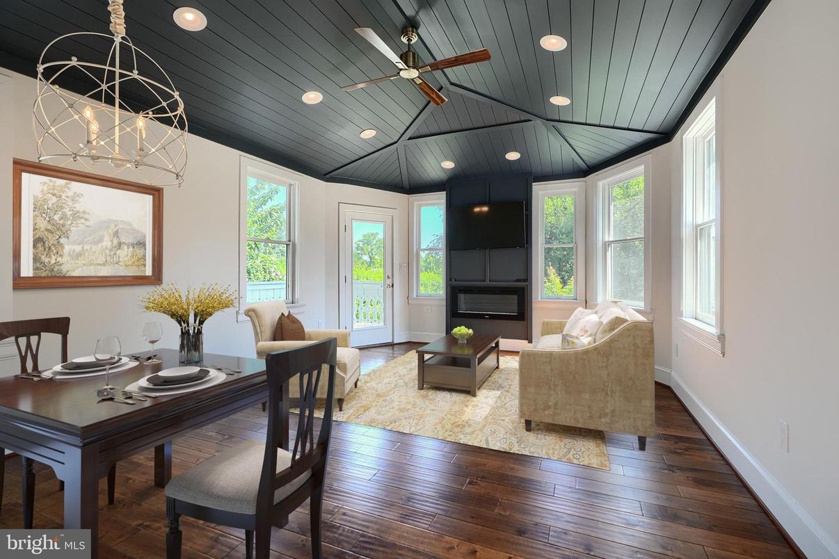 Dining room, Fireplace, Interior, Living room, Pendant Lights, Recessed Lighting, Wood Texture Flooring