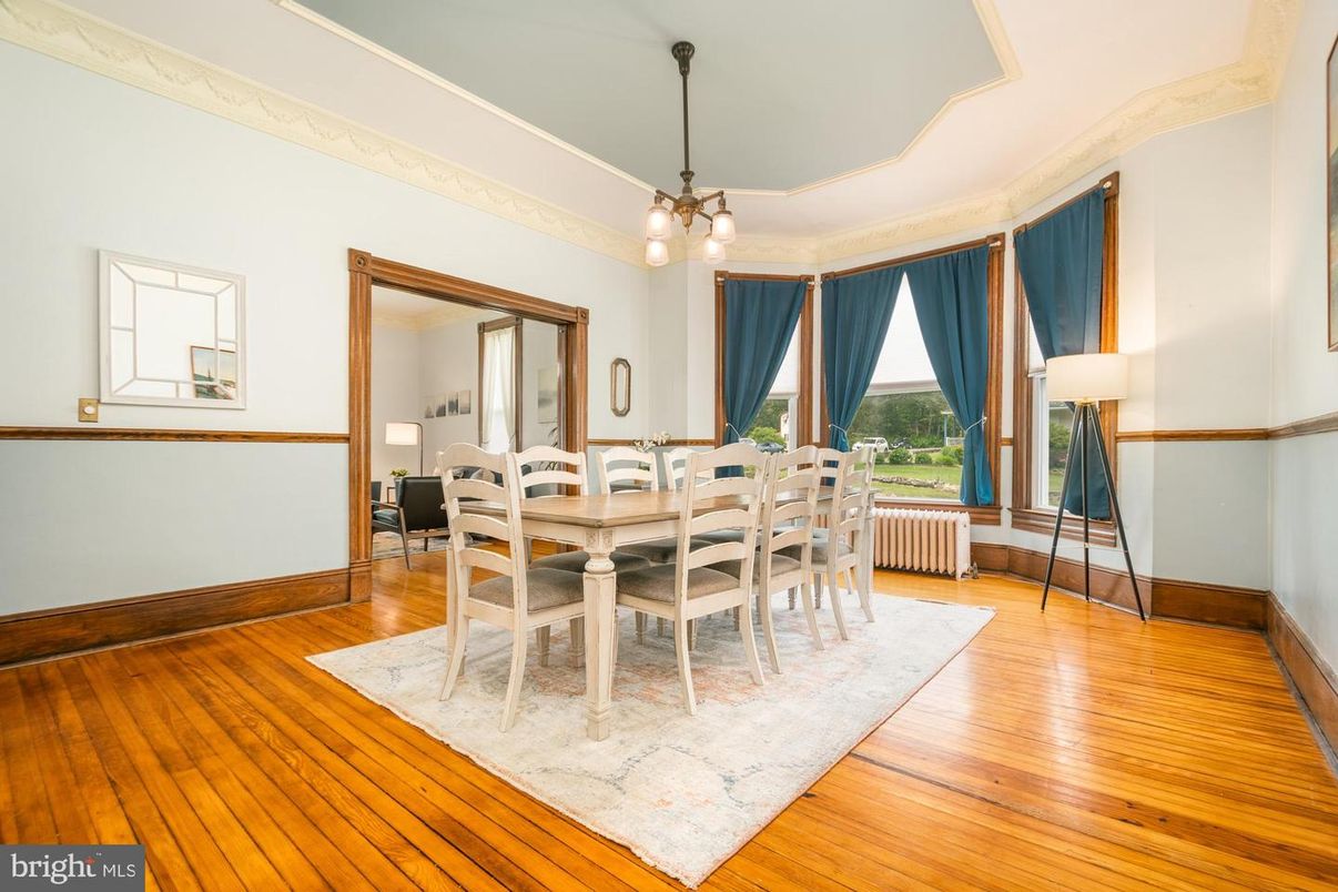 Dining room, Interior, Pendant Lights, Wood Texture Flooring