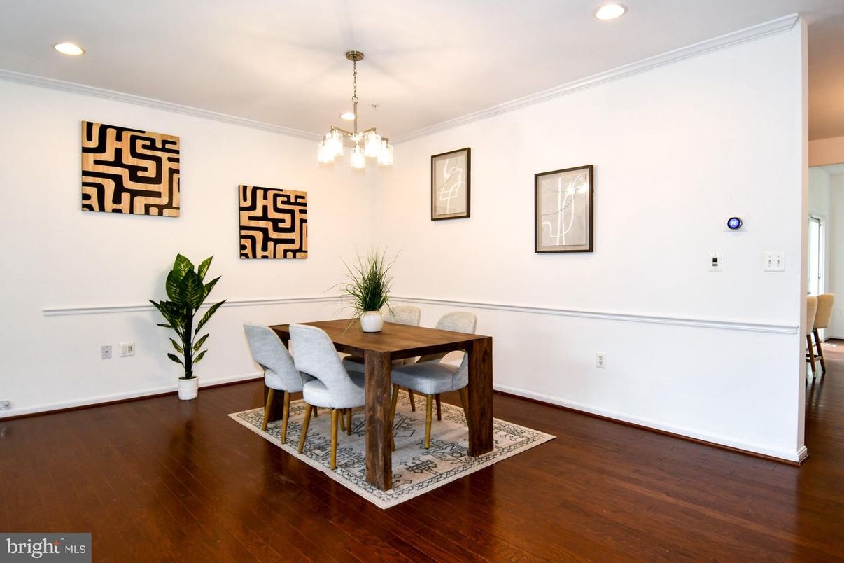 Dining room, Interior, Pendant Lights, Recessed Lighting, Wood Texture Flooring