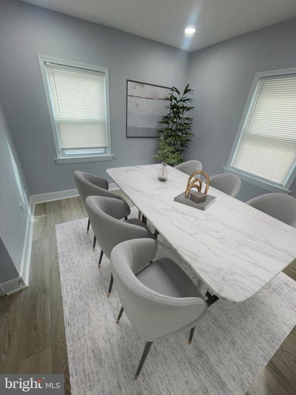 Dining room, Interior, Recessed Lighting, Wood Texture Flooring