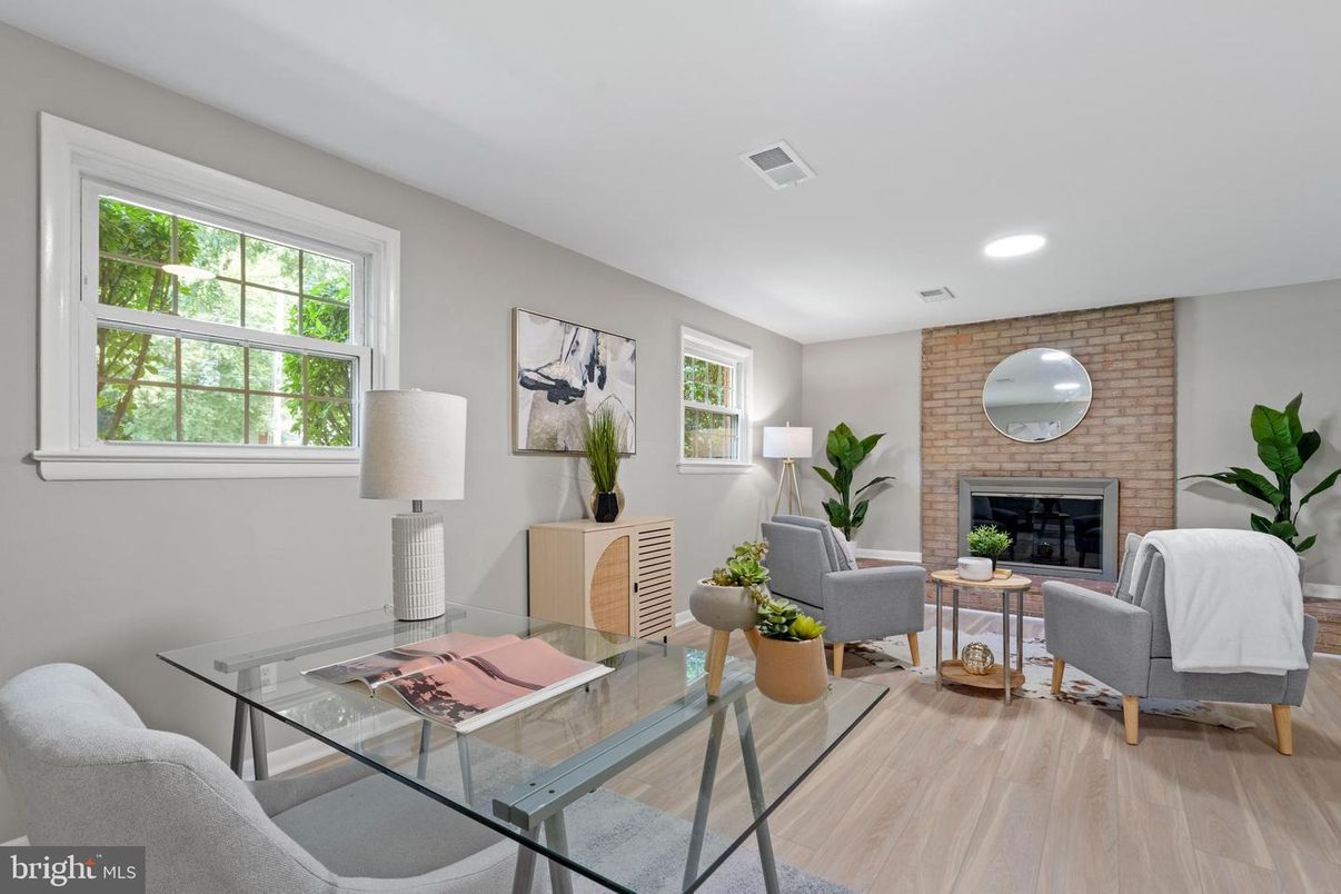 Fireplace, Interior, Living room, Recessed Lighting, Stone Walls, Wood Texture Flooring