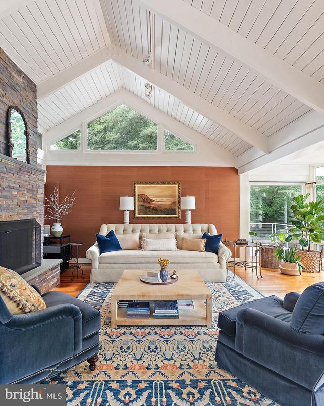 Fireplace, Interior, Living room, Stone Walls, Wood Texture Flooring