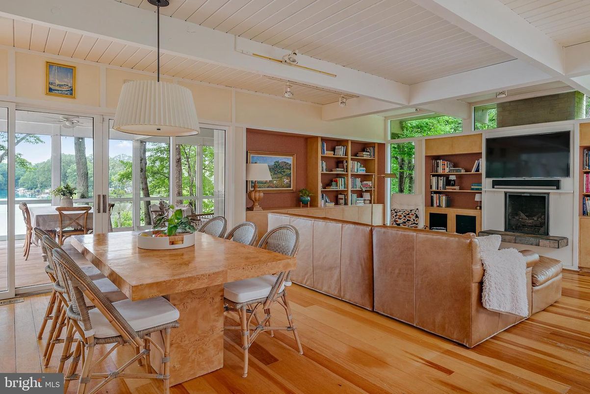 Dining room, Fireplace, Interior, Living room, Pendant Lights, Wood Texture Flooring