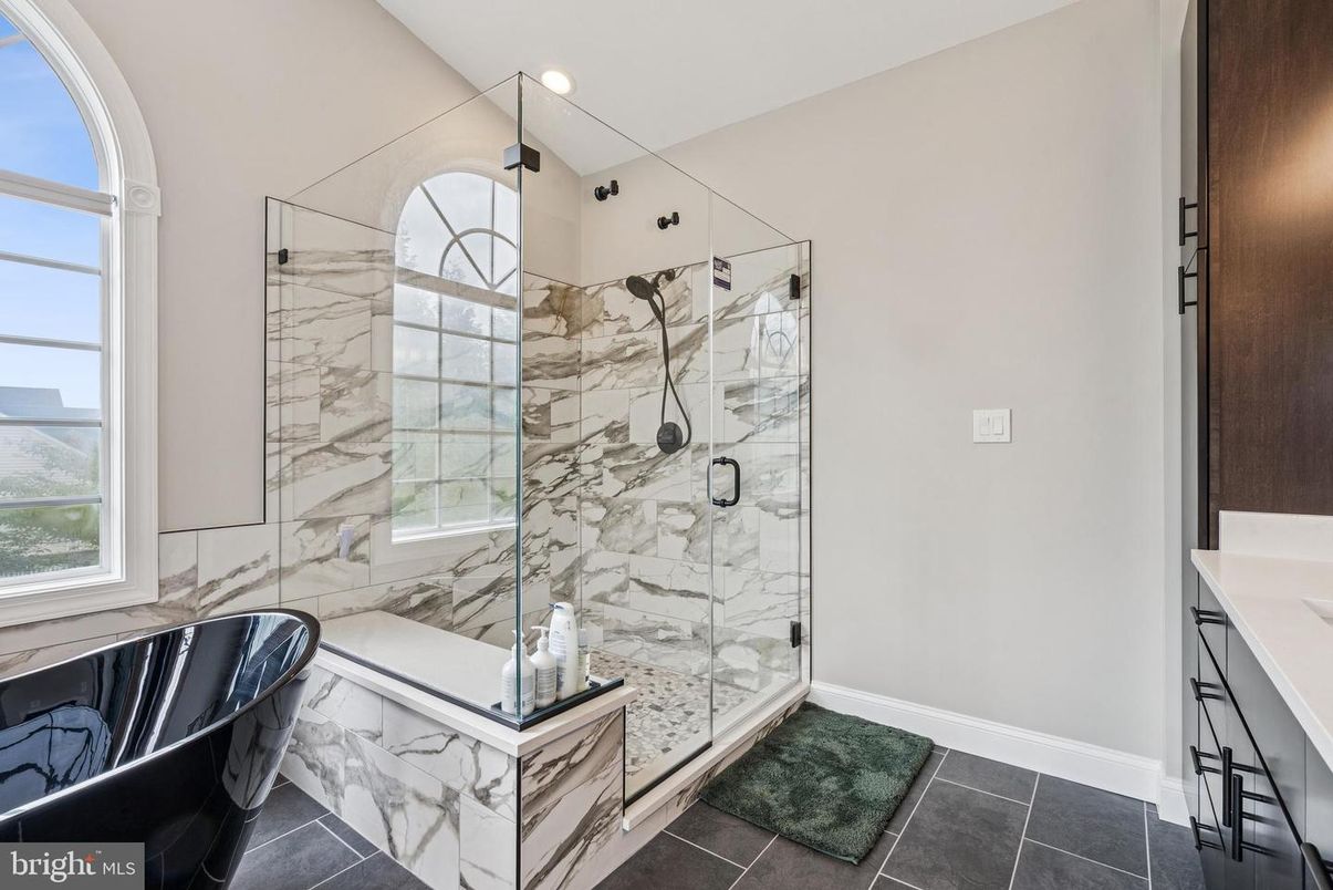 Bathroom, Glass Shower, Interior, Marble Walls, Recessed Lighting