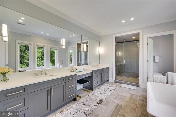 Bathroom, Dual Sink Vanities, Glass Shower, Interior, Recessed Lighting