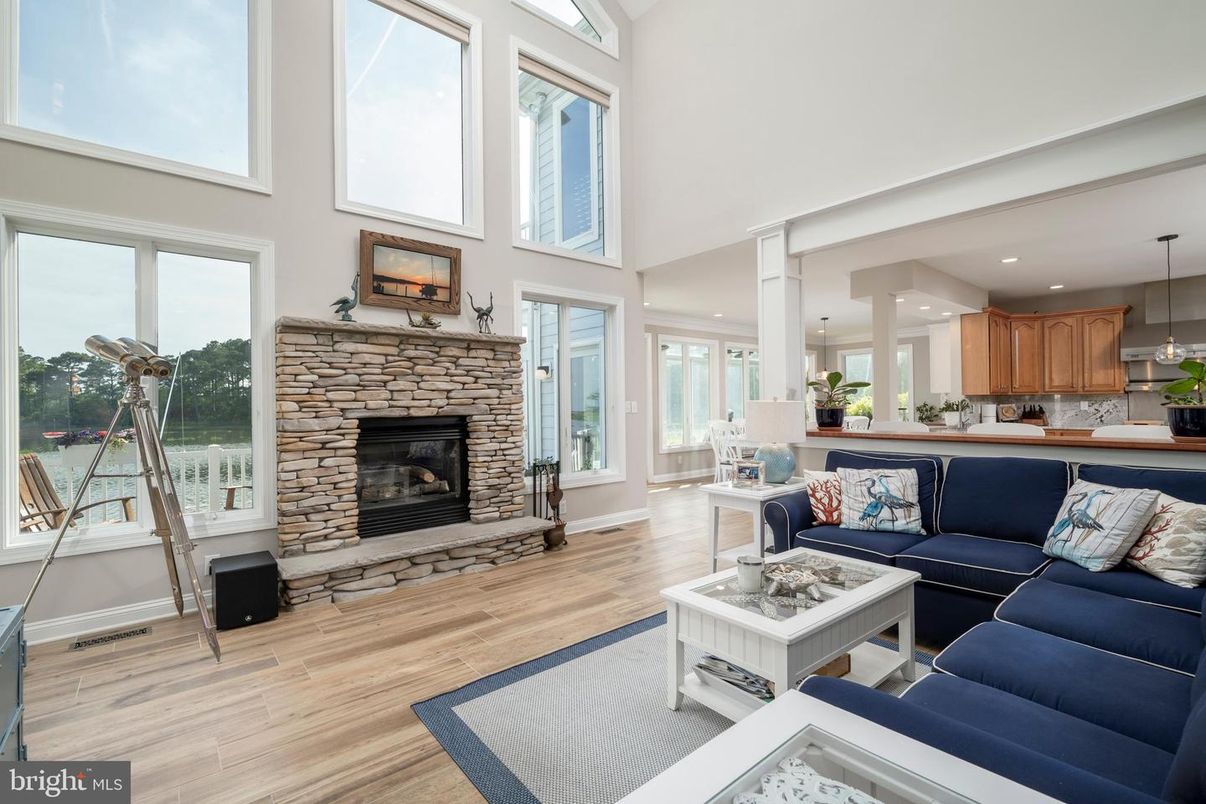 Fireplace, Interior, Kitchen, Living room, Pendant Lights, Recessed Lighting, Wood Texture Flooring