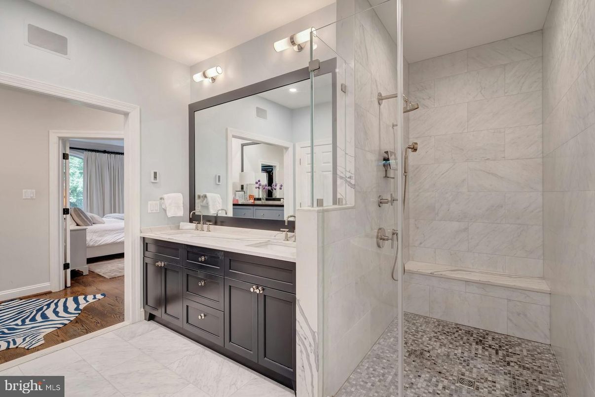 Bathroom, Bedroom, Dual Sink Vanities, Glass Shower, Interior, Marble, Marble Walls