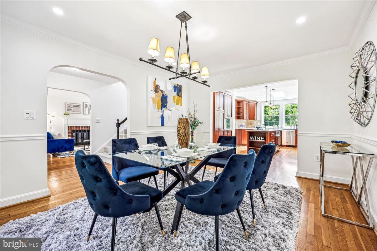 Chandelier, Dining room, Fireplace, Interior, Kitchen, Pendant Lights, Recessed Lighting, Wood Texture Flooring