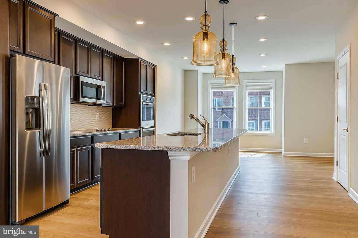 Interior, Kitchen, Pendant Lights, Recessed Lighting, Stainless Steel Appliances, Wood Texture Flooring