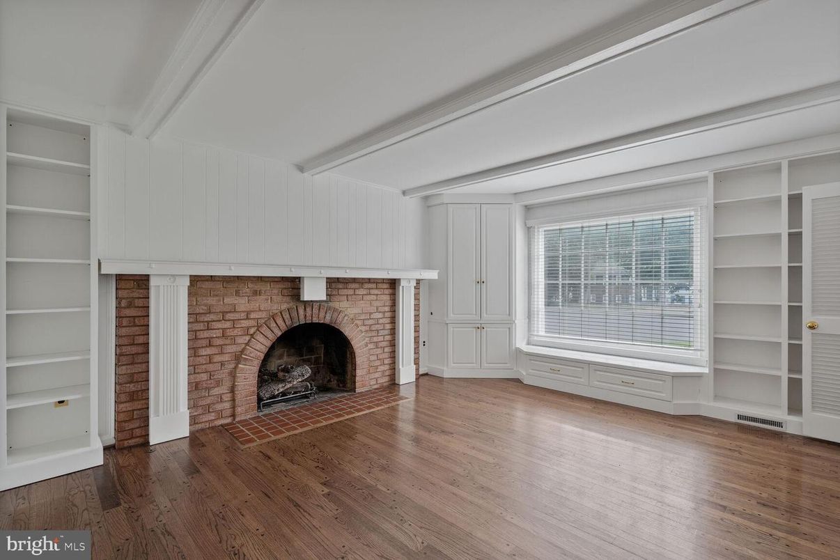 Empty room, Fireplace, Interior, Stone Walls, Wood Texture Flooring