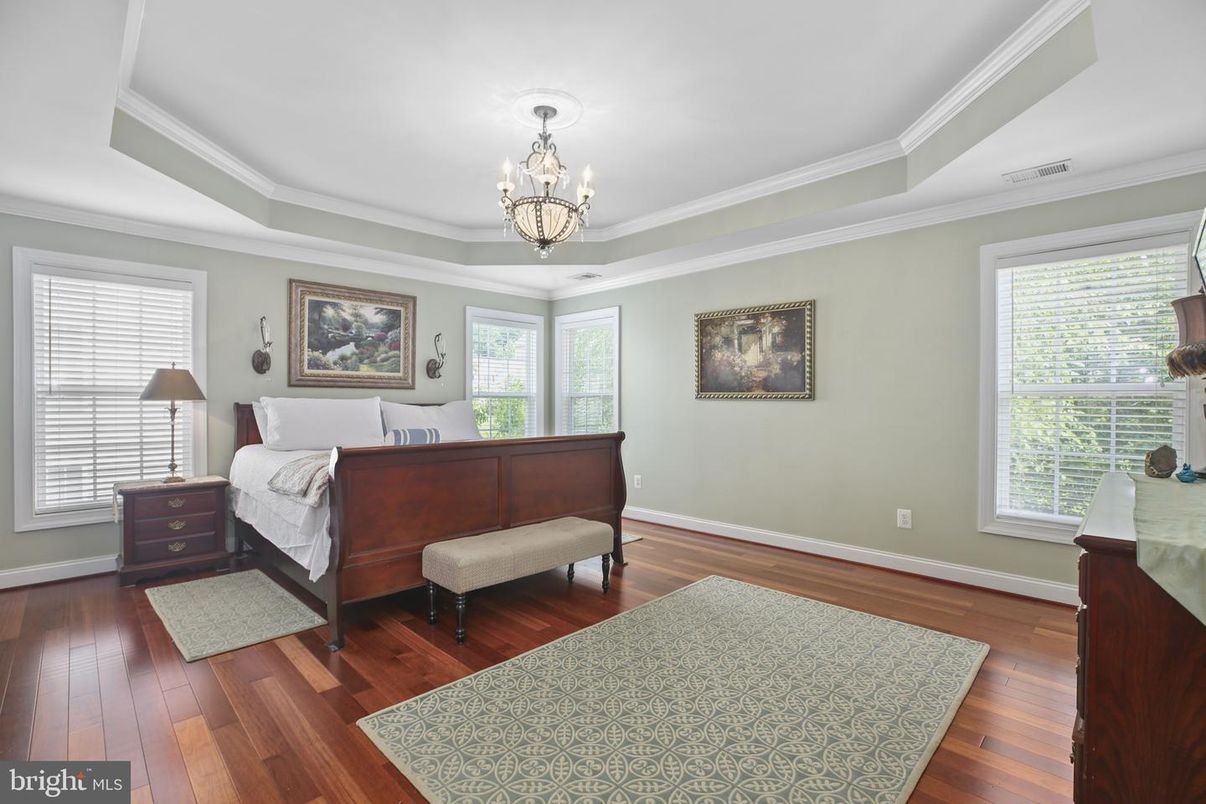 Bedroom, Chandelier, Interior, Wood Texture Flooring