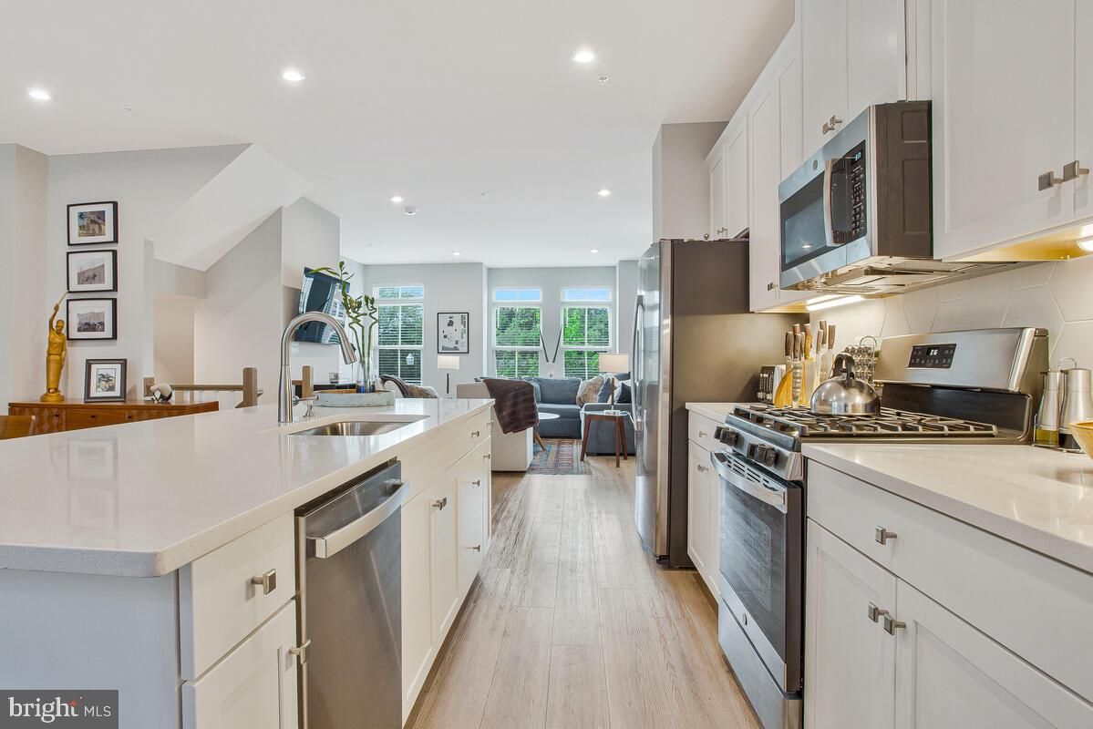 Interior, Kitchen, Living room, Recessed Lighting, Stainless Steel Appliances, Wood Texture Flooring