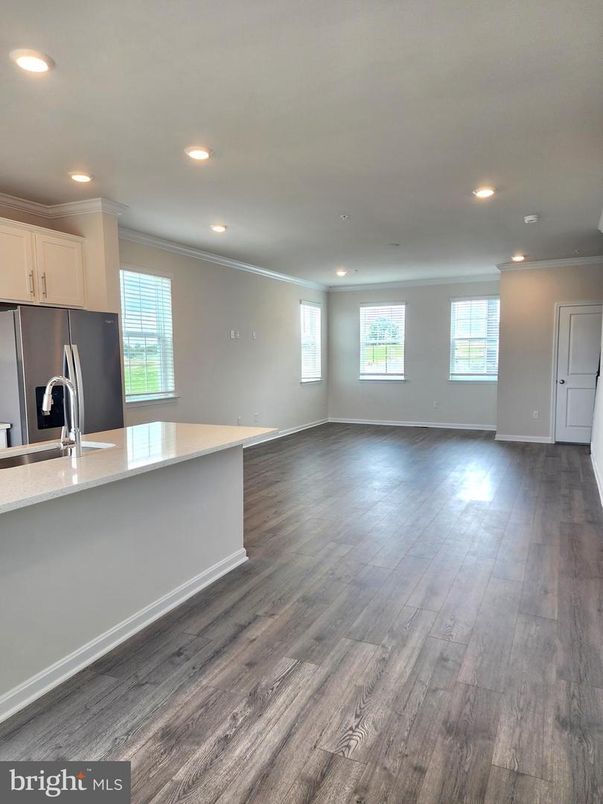 Empty room, Interior, Kitchen, Recessed Lighting, Wood Texture Flooring