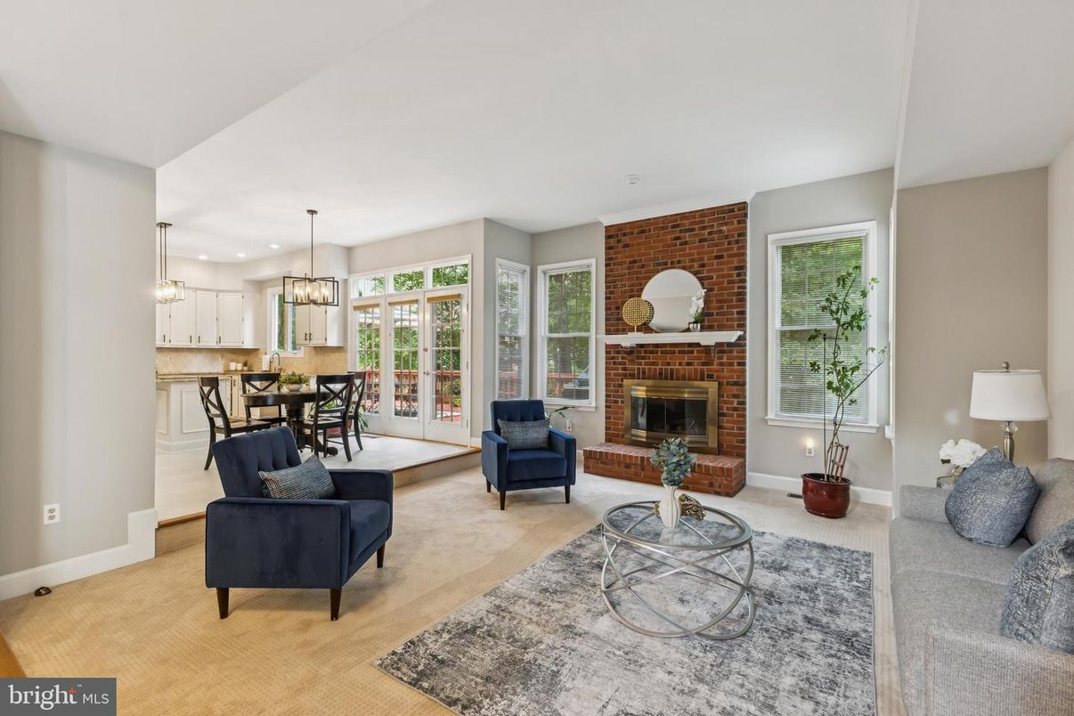Dining room, Fireplace, Interior, Kitchen, Living room, Pendant Lights, Recessed Lighting, Stone Walls