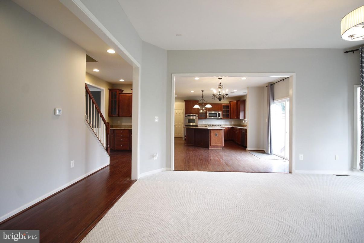 Chandelier, Empty room, Interior, Kitchen, Recessed Lighting, Wood Texture Flooring