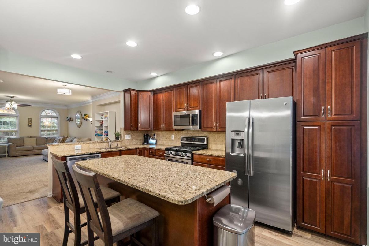 Interior, Kitchen, Living room, Recessed Lighting, Stainless Steel Appliances, Wood Texture Flooring