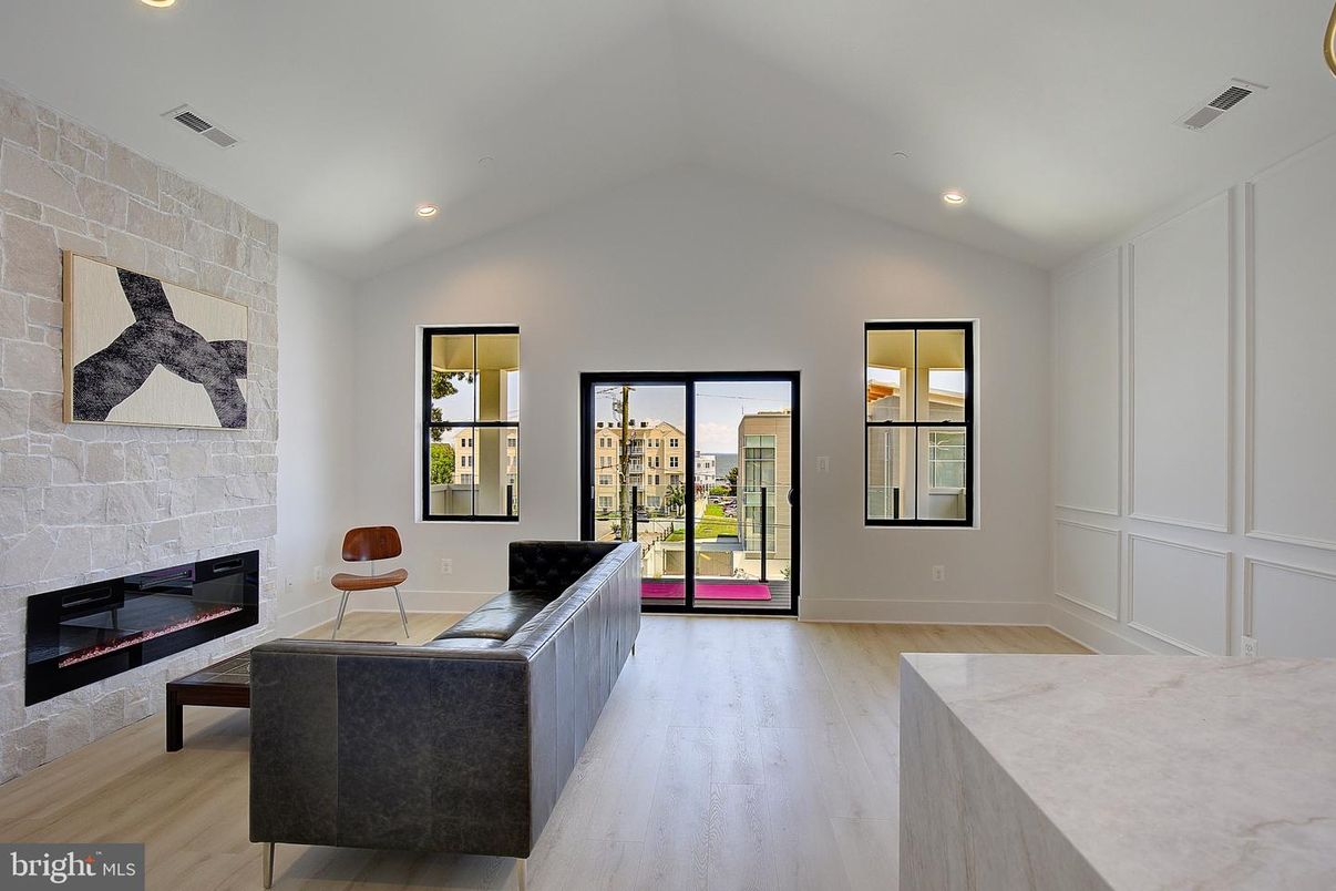 Fireplace, Interior, Recessed Lighting, Stone Walls, Wood Texture Flooring