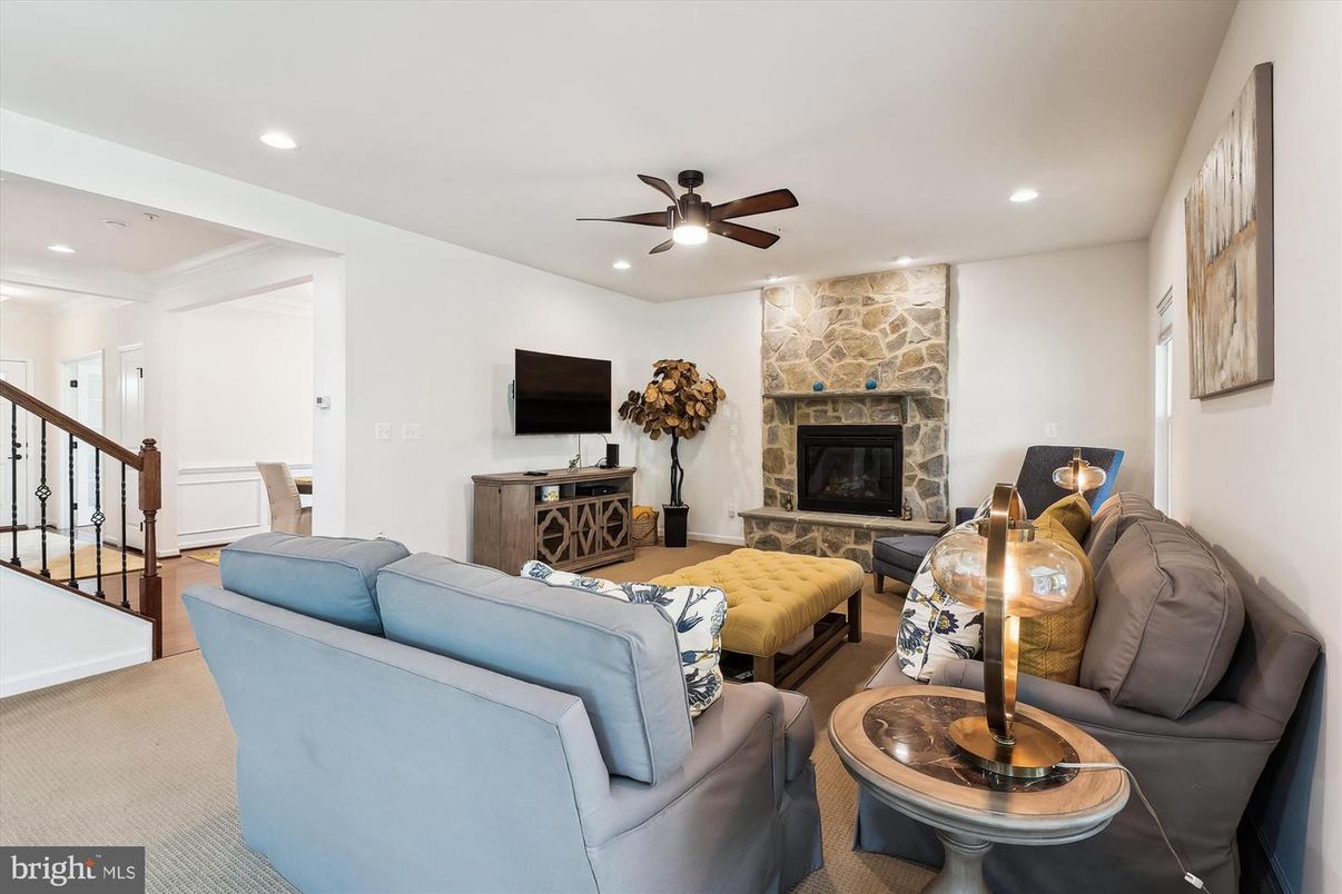 Fireplace, Interior, Living room, Recessed Lighting, Stone Walls