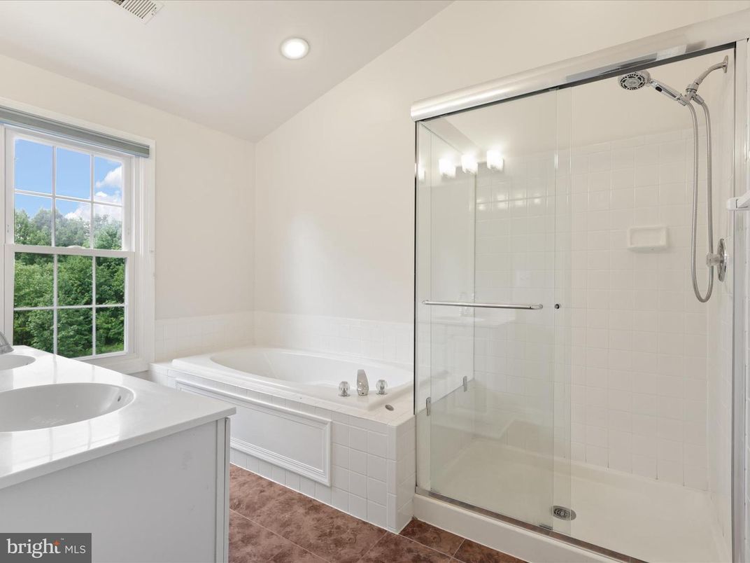 Bathroom, Dual Sink Vanities, Glass Shower, Interior, Recessed Lighting, Tile Countertops