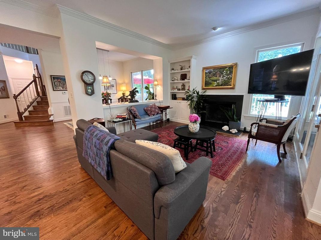 Dining room, Fireplace, Interior, Living room, Pendant Lights, Wood Texture Flooring